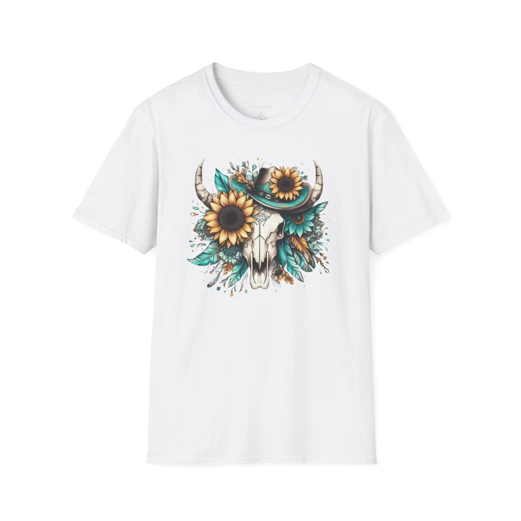 Sunflower, Skull, Turquoise, Longhorn Skull, Softstyle T-Shirt