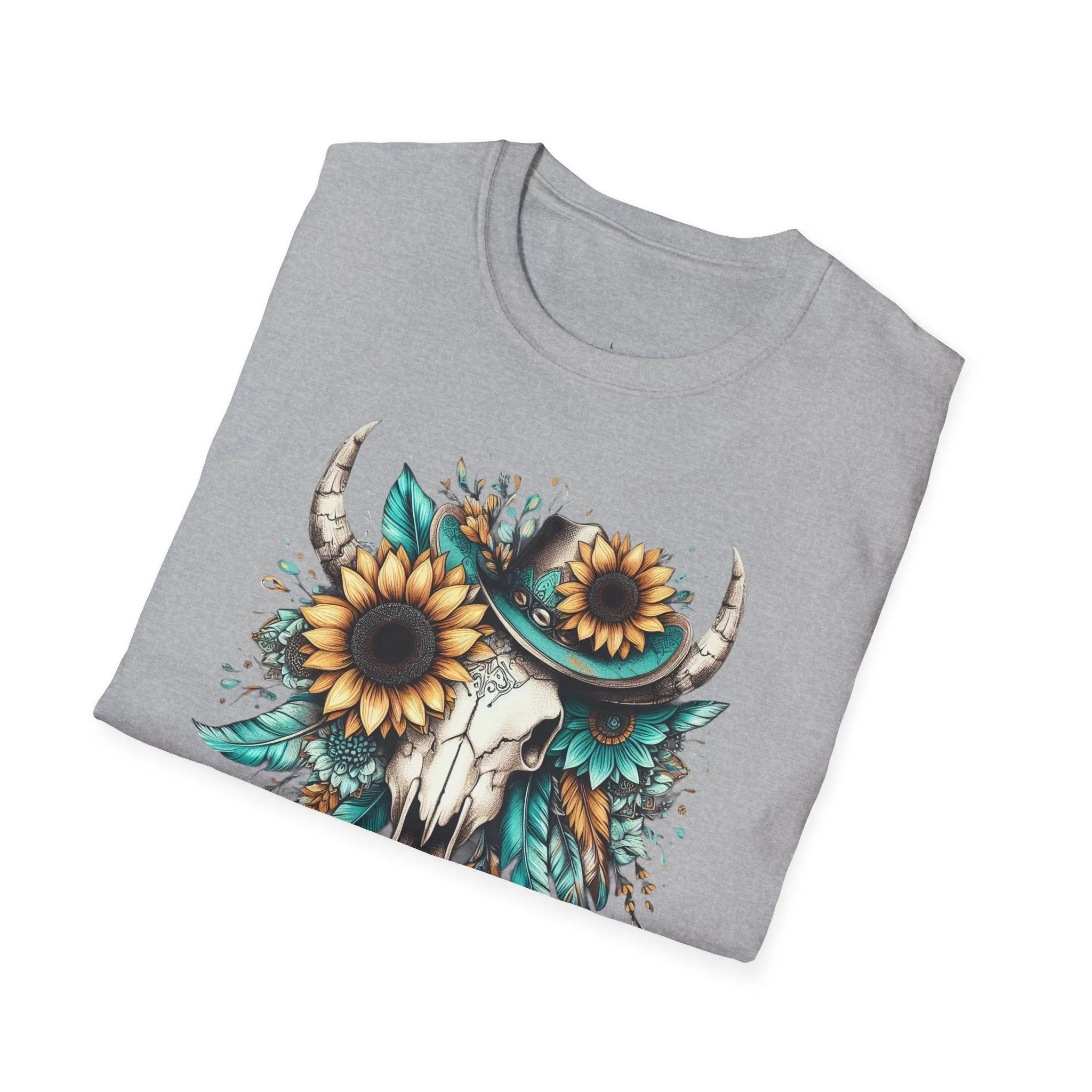 Sunflower, Skull, Turquoise, Longhorn Skull, Softstyle T-Shirt
