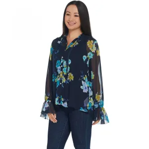 Susan Graver Women's Printed Sheer Chiffon Shirt and Tank Set Navy 14
