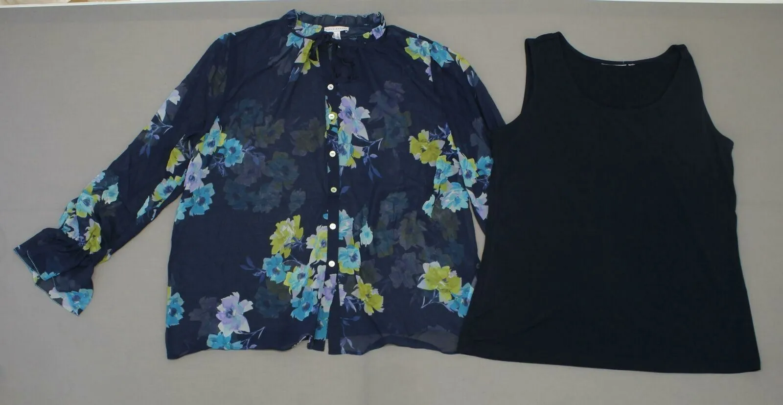 Susan Graver Women's Printed Sheer Chiffon Shirt and Tank Set Navy 14