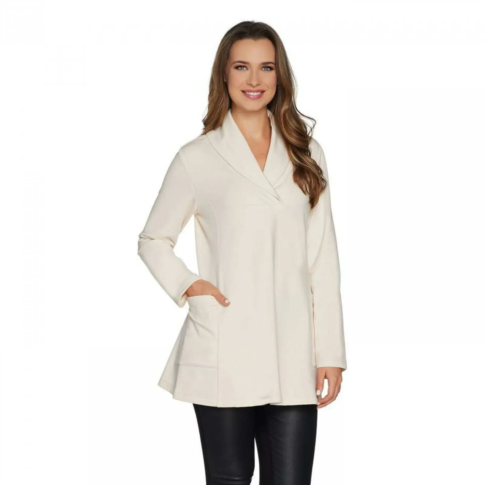 Susan Graver Women's Weekend Brushed Back Knit Tunic Top Ivory Medium