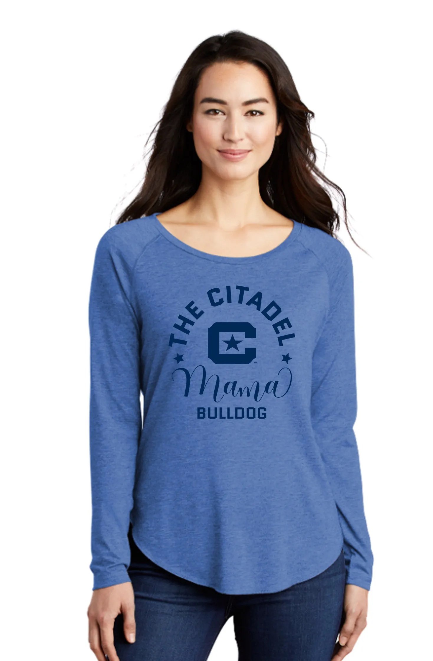 The Citadel, Mama Bulldog C Ladies Long Sleeve Tri-Blend Wicking Scoop Neck Raglan Tee Shirt