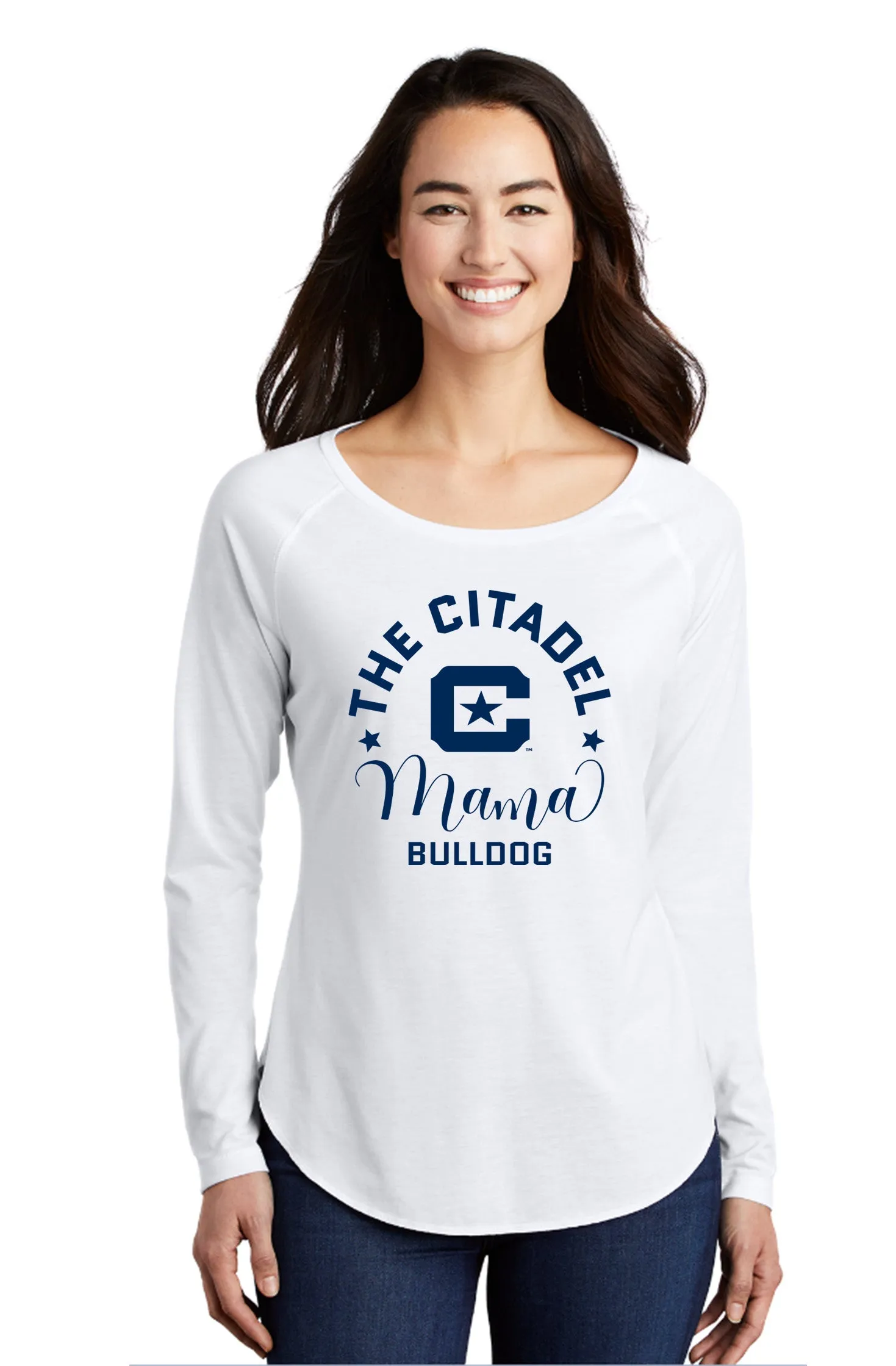 The Citadel, Mama Bulldog C Ladies Long Sleeve Tri-Blend Wicking Scoop Neck Raglan Tee Shirt