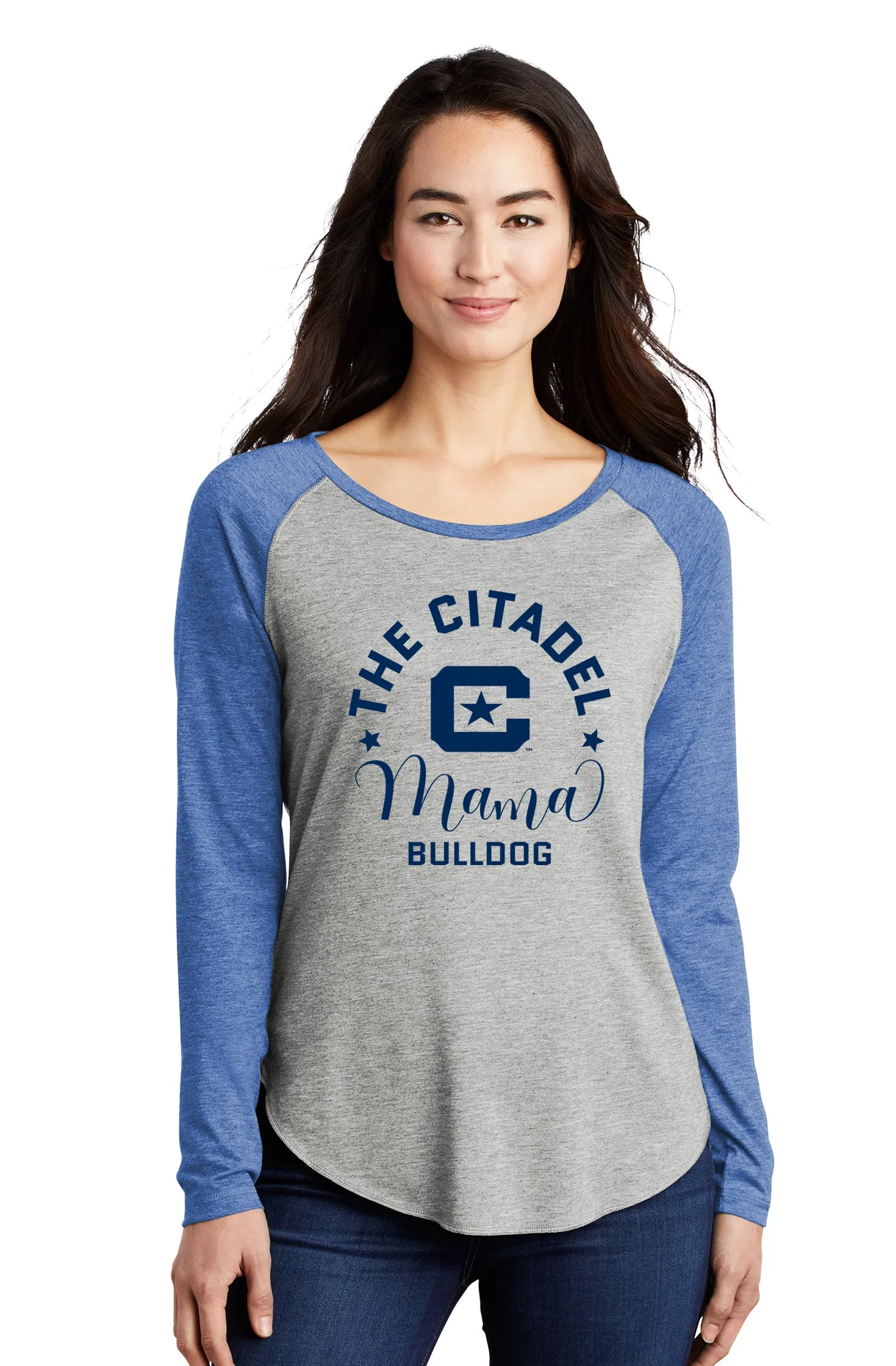 The Citadel, Mama Bulldog C Ladies Long Sleeve Tri-Blend Wicking Scoop Neck Raglan Tee Shirt