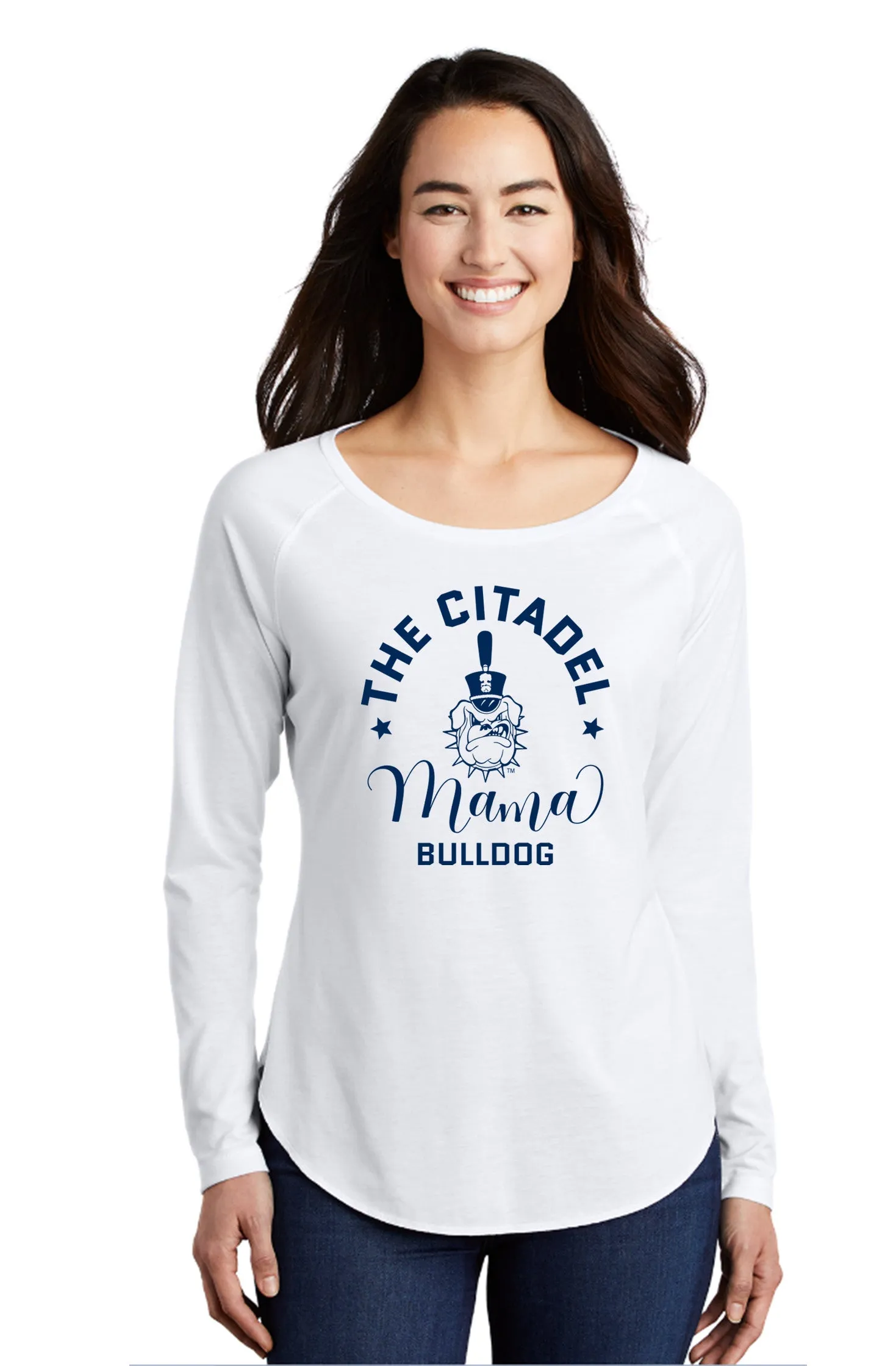 The Citadel, Mama Bulldog Spike Ladies Long Sleeve Tri-Blend Wicking Scoop Neck Raglan Tee Shirt