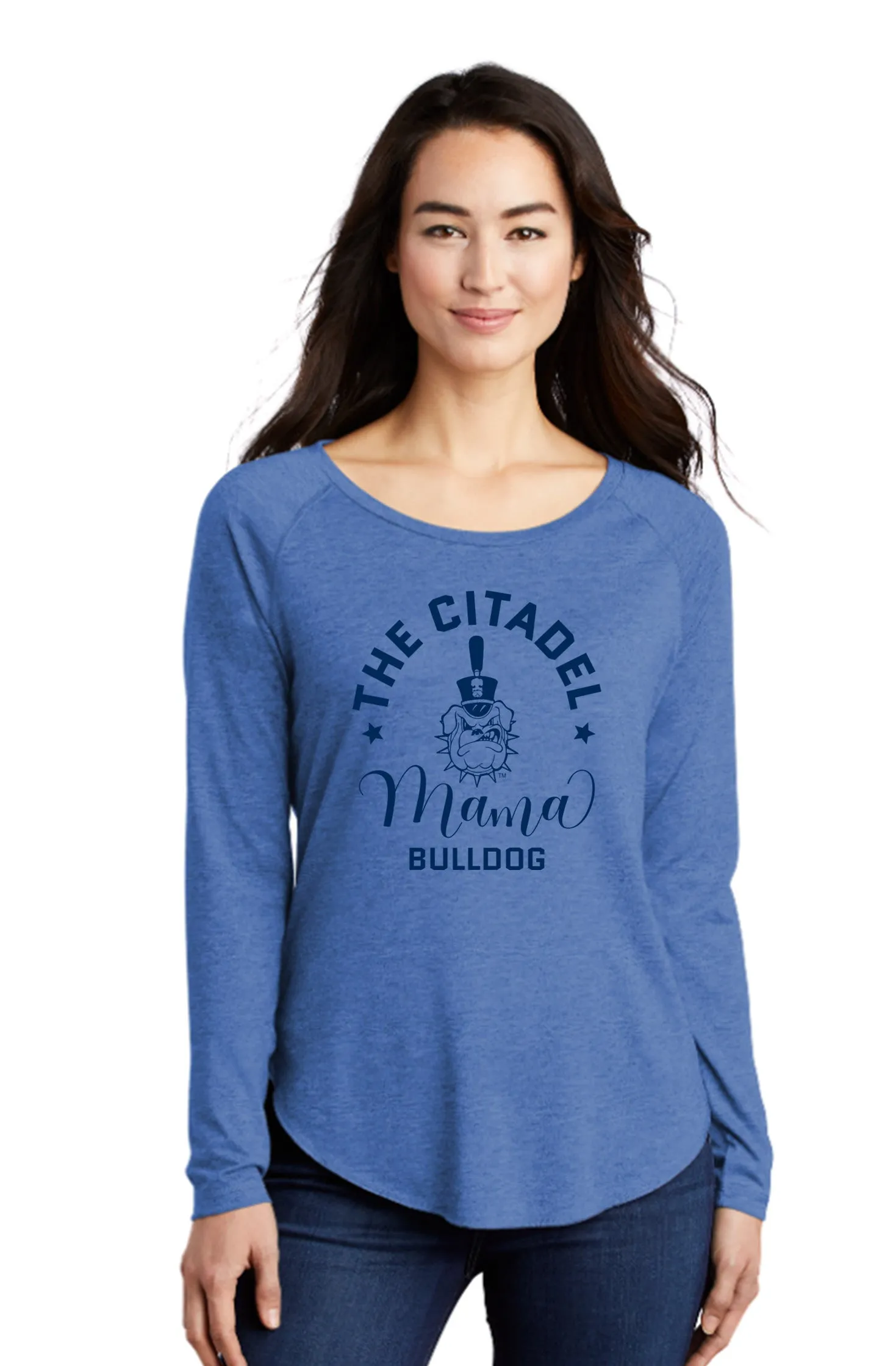 The Citadel, Mama Bulldog Spike Ladies Long Sleeve Tri-Blend Wicking Scoop Neck Raglan Tee Shirt