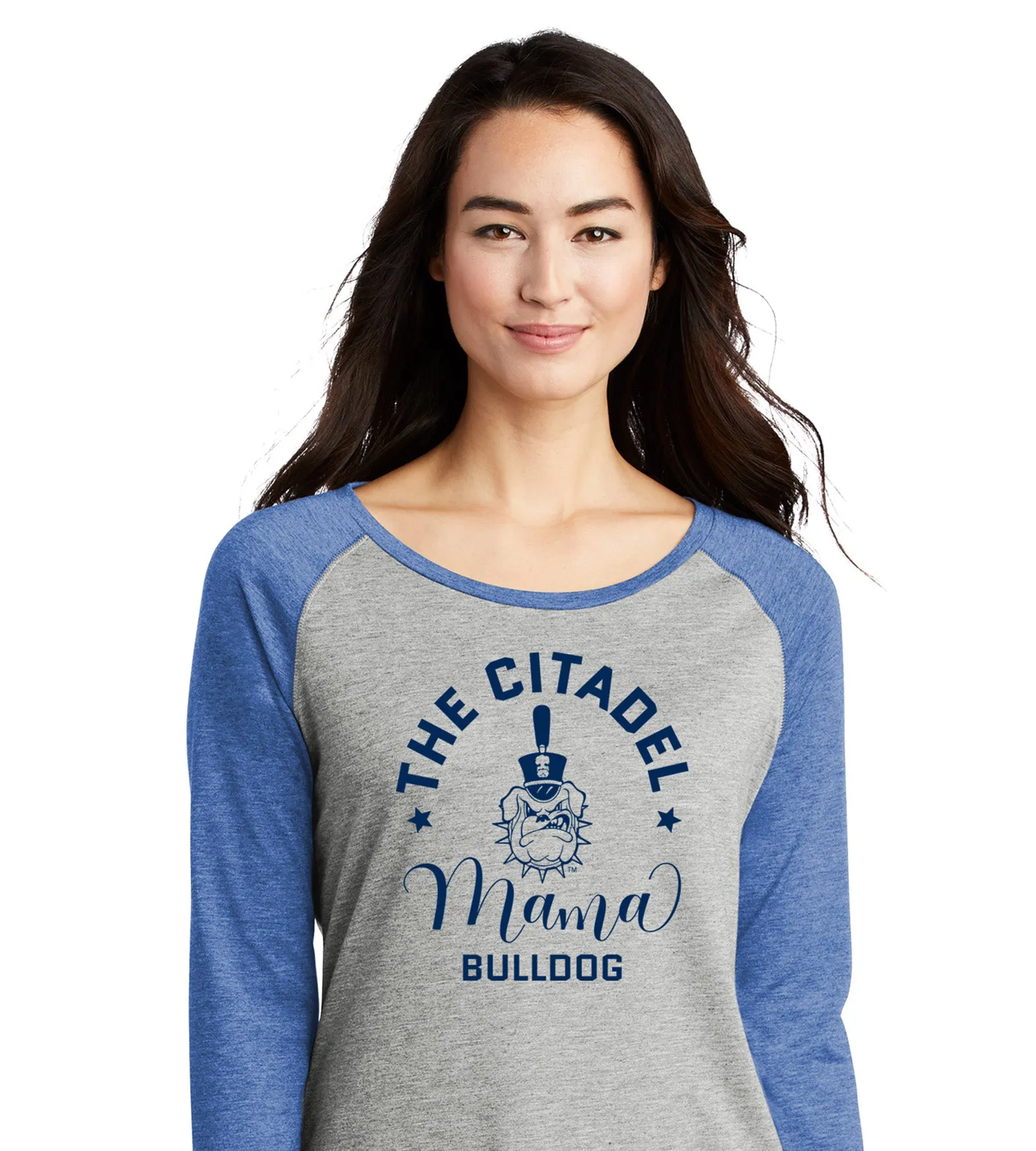 The Citadel, Mama Bulldog Spike Ladies Long Sleeve Tri-Blend Wicking Scoop Neck Raglan Tee Shirt