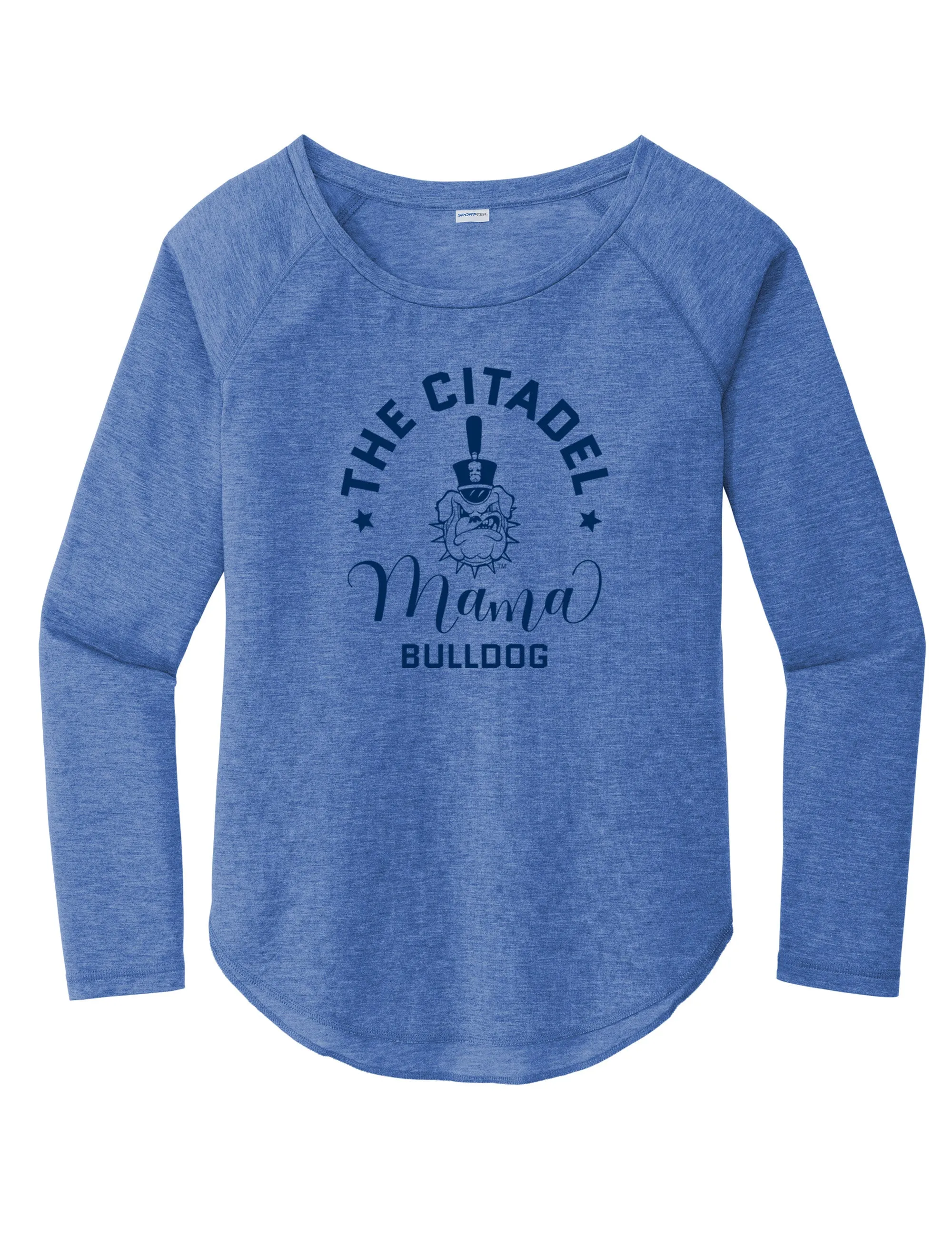The Citadel, Mama Bulldog Spike Ladies Long Sleeve Tri-Blend Wicking Scoop Neck Raglan Tee Shirt