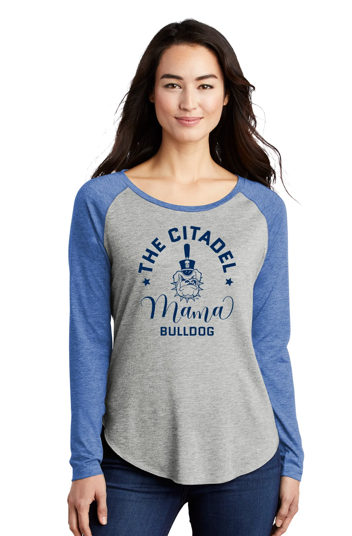 The Citadel, Mama Bulldog Spike Ladies Long Sleeve Tri-Blend Wicking Scoop Neck Raglan Tee Shirt