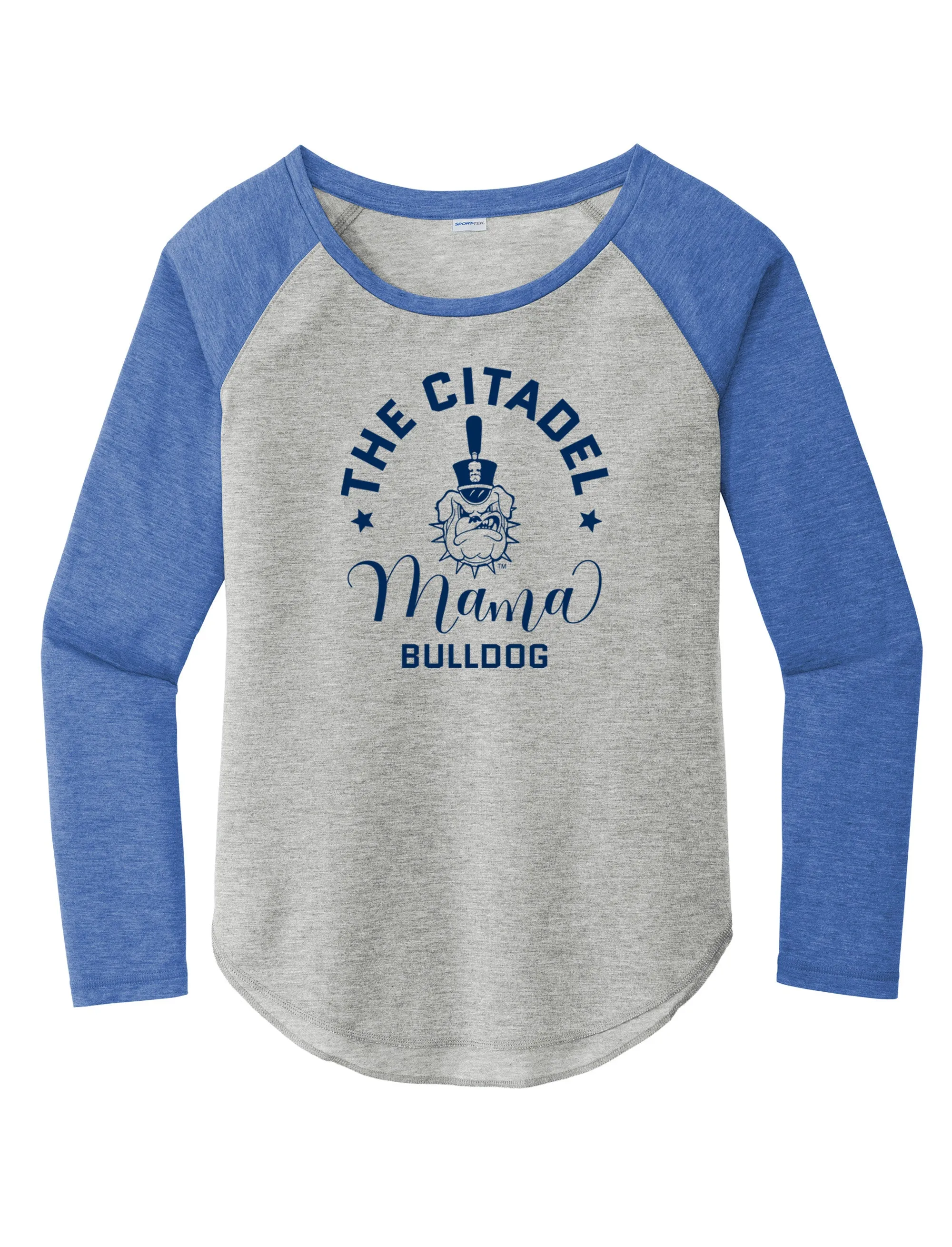 The Citadel, Mama Bulldog Spike Ladies Long Sleeve Tri-Blend Wicking Scoop Neck Raglan Tee Shirt