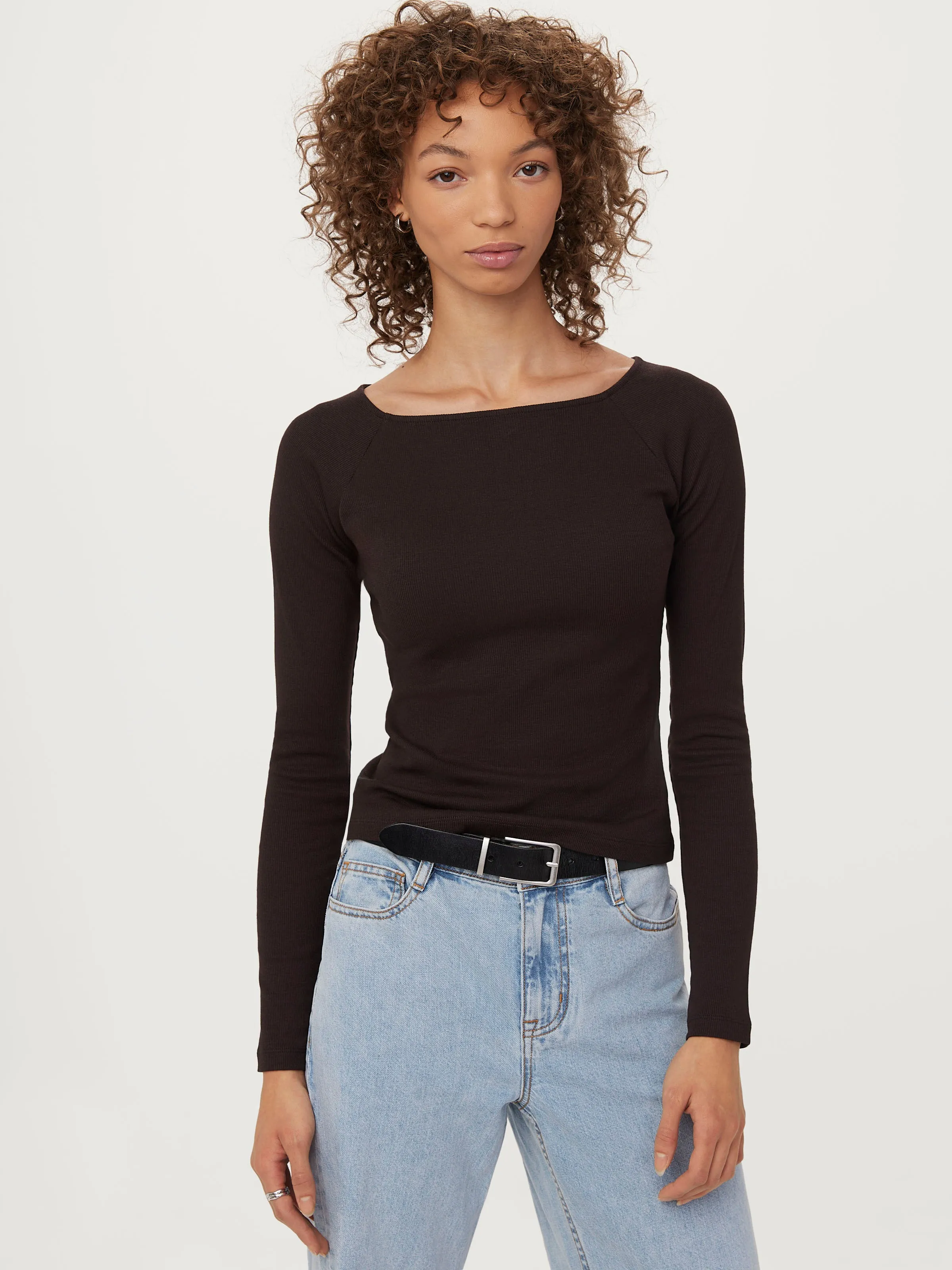 The Open Neck Long Sleeve T-Shirt in Dark Chocolate