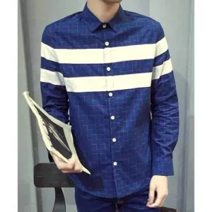 Turn-Down Collar Color Block Check Pattern Stripe Splicing Men's Long Sleeve Shirt - Blue Xl
