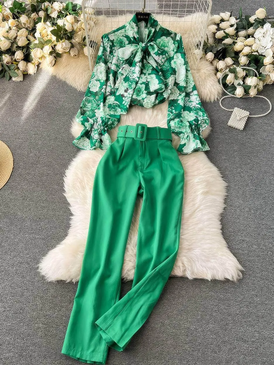 Two Piece Floral Ruched Sleeves Blouse Belted Wide Leg Pants