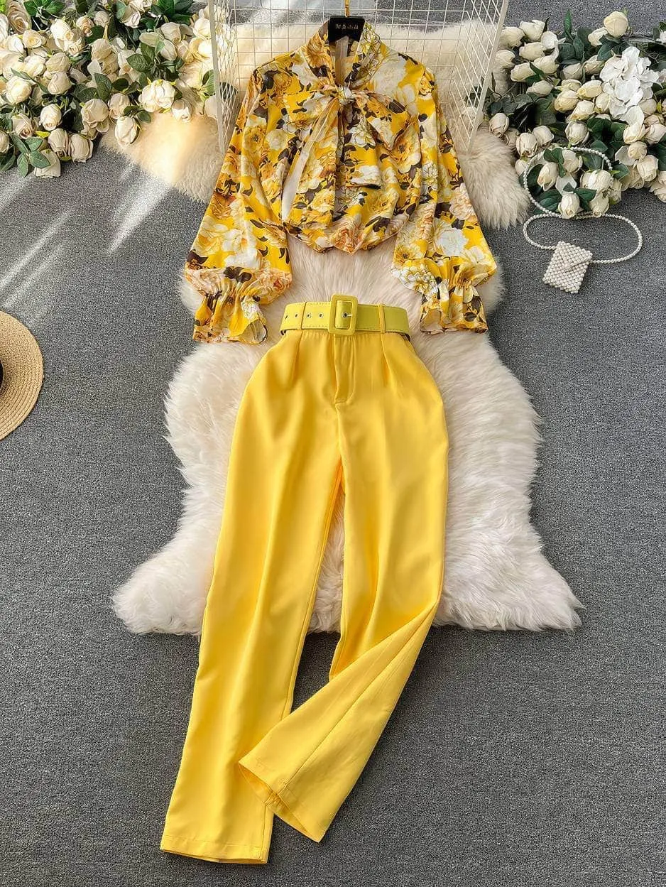 Two Piece Floral Ruched Sleeves Blouse Belted Wide Leg Pants