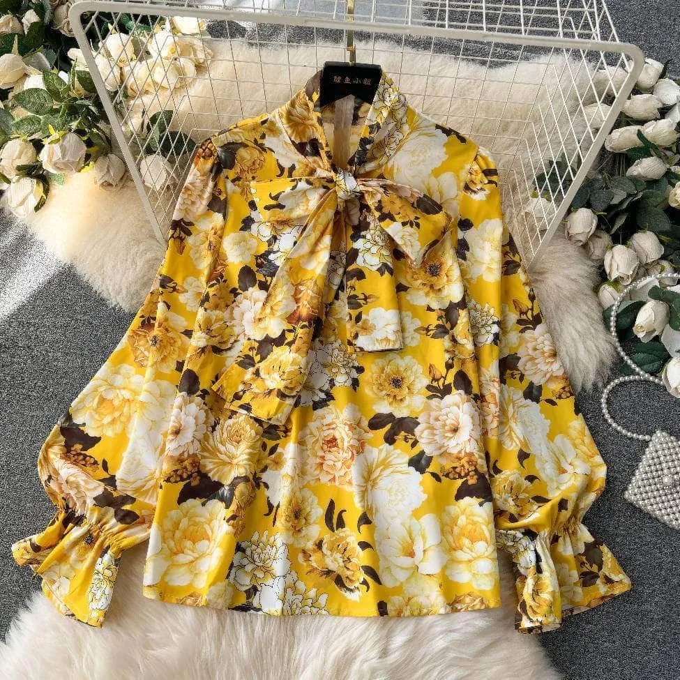 Two Piece Floral Ruched Sleeves Blouse Belted Wide Leg Pants