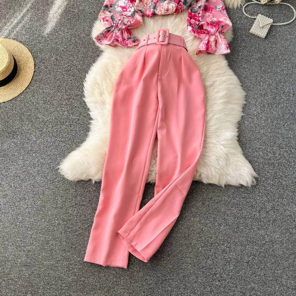 Two Piece Floral Ruched Sleeves Blouse Belted Wide Leg Pants