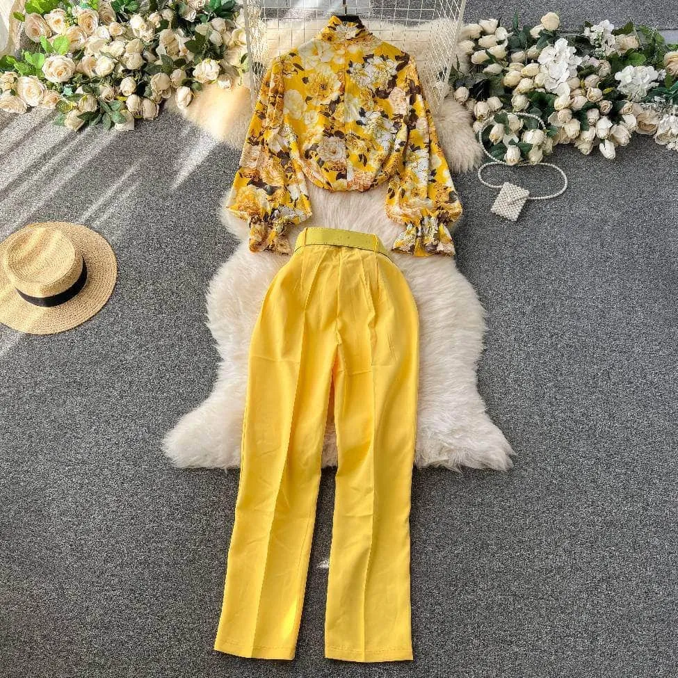 Two Piece Floral Ruched Sleeves Blouse Belted Wide Leg Pants
