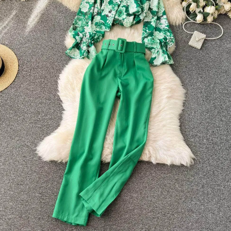 Two Piece Floral Ruched Sleeves Blouse Belted Wide Leg Pants