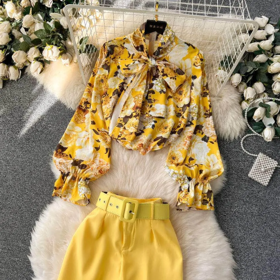 Two Piece Floral Ruched Sleeves Blouse Belted Wide Leg Pants