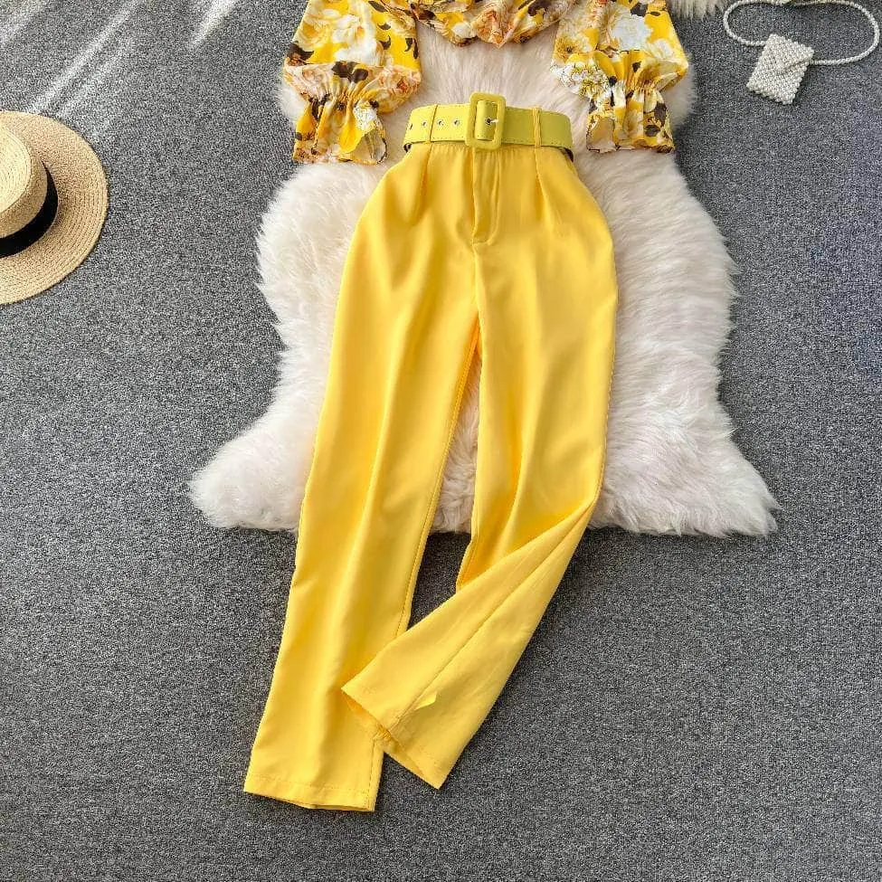 Two Piece Floral Ruched Sleeves Blouse Belted Wide Leg Pants