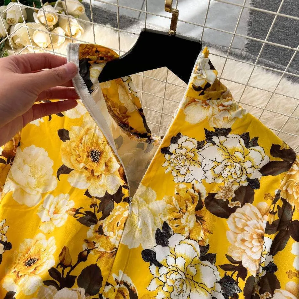 Two Piece Floral Ruched Sleeves Blouse Belted Wide Leg Pants