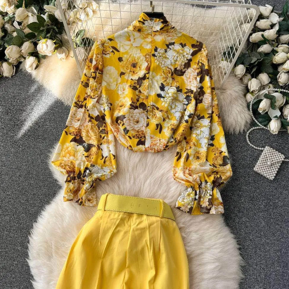 Two Piece Floral Ruched Sleeves Blouse Belted Wide Leg Pants
