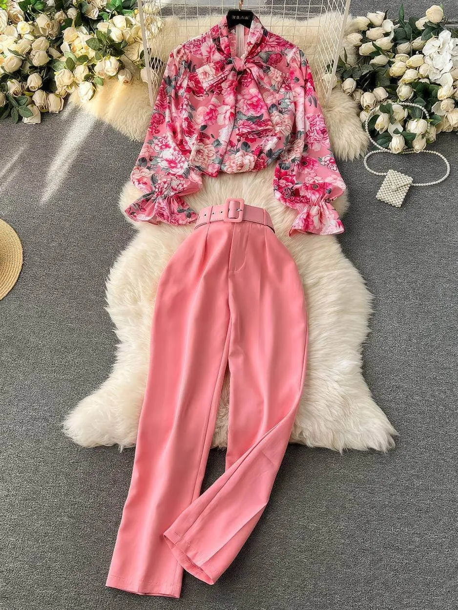 Two Piece Floral Ruched Sleeves Blouse Belted Wide Leg Pants