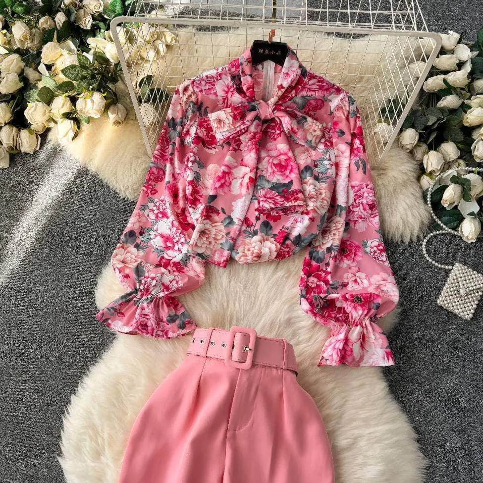 Two Piece Floral Ruched Sleeves Blouse Belted Wide Leg Pants