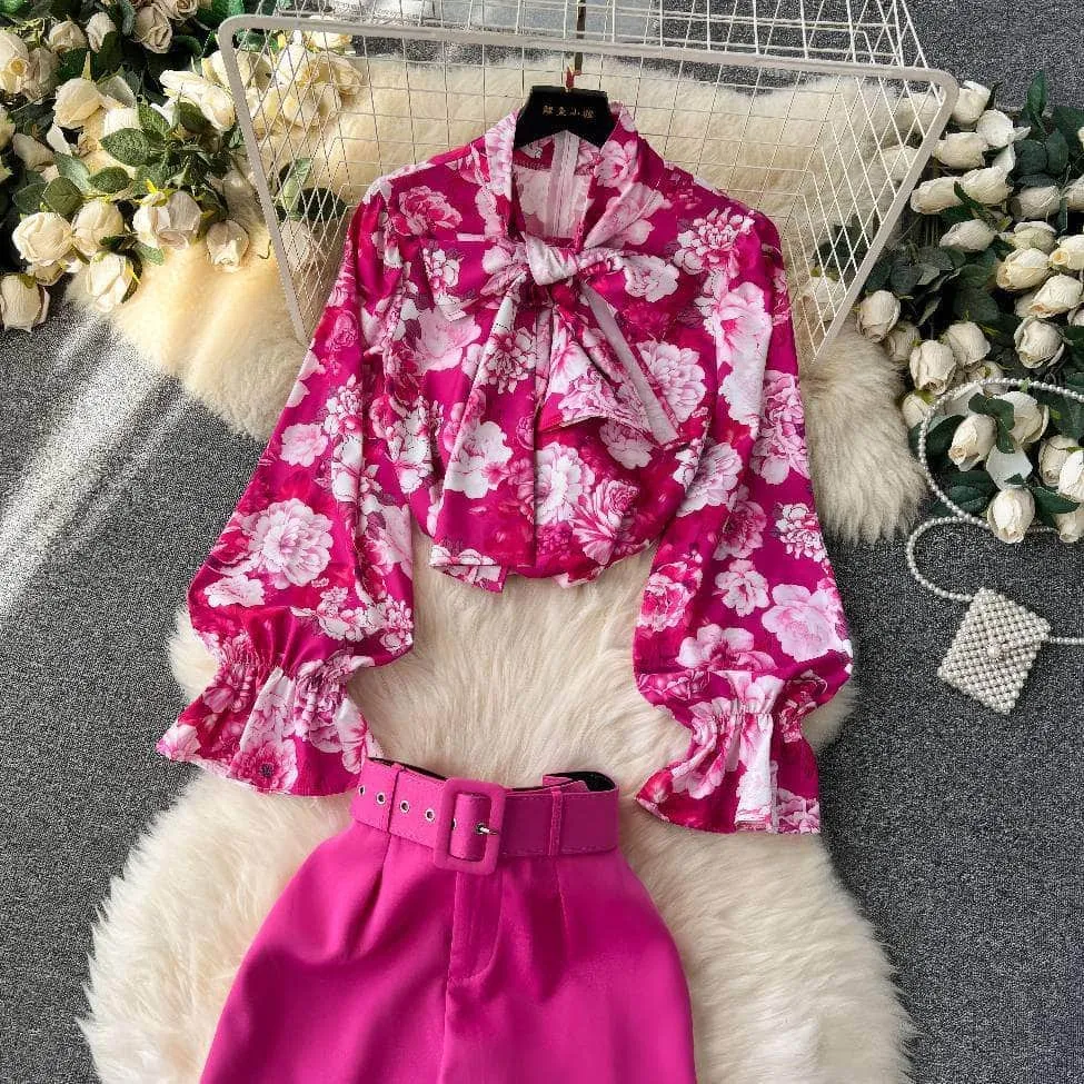 Two Piece Floral Ruched Sleeves Blouse Belted Wide Leg Pants