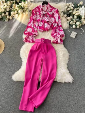 Two Piece Floral Ruched Sleeves Blouse Belted Wide Leg Pants