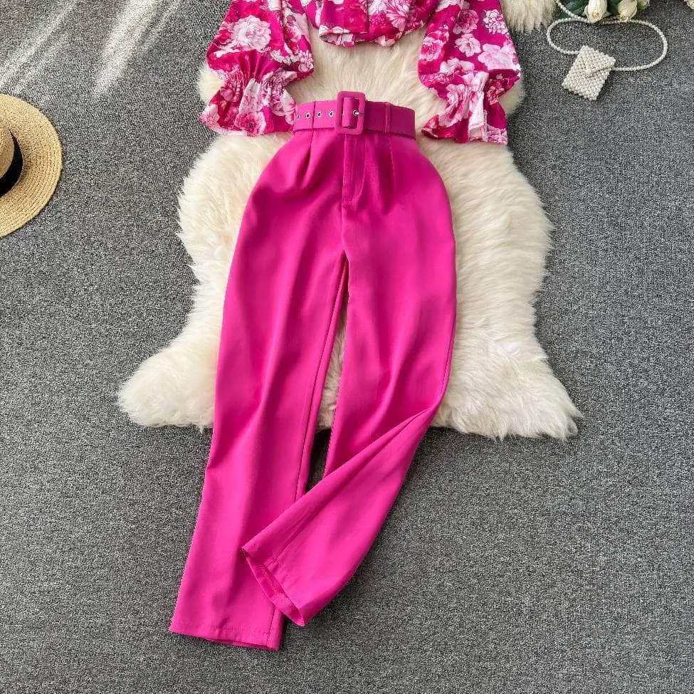 Two Piece Floral Ruched Sleeves Blouse Belted Wide Leg Pants
