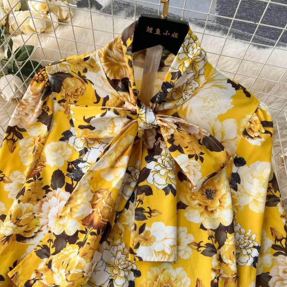 Two Piece Floral Ruched Sleeves Blouse Belted Wide Leg Pants