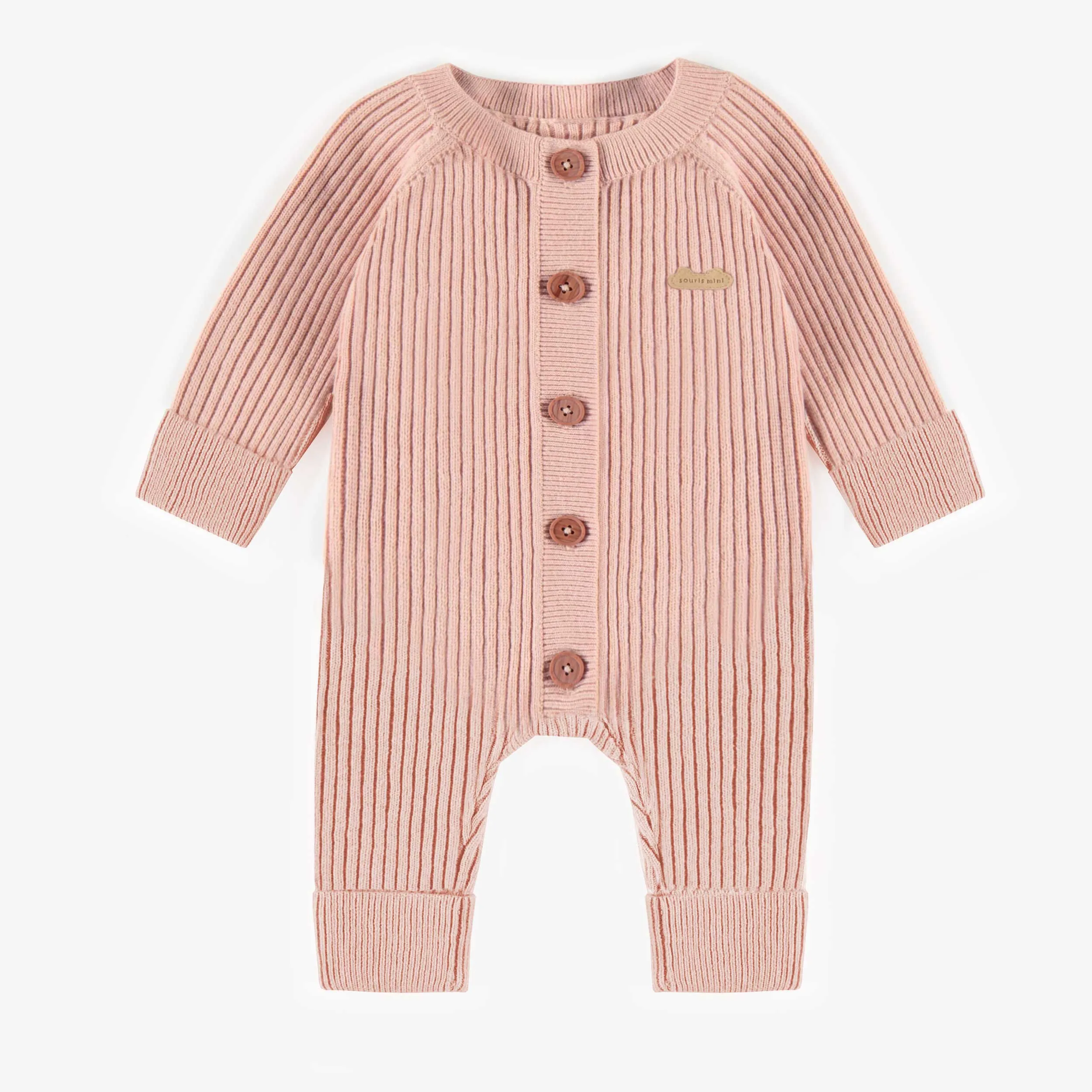 Une-pièce rose pâle en maille à manches longues, naissance || Light pink long sleeves one-piece in knitwear, newborn