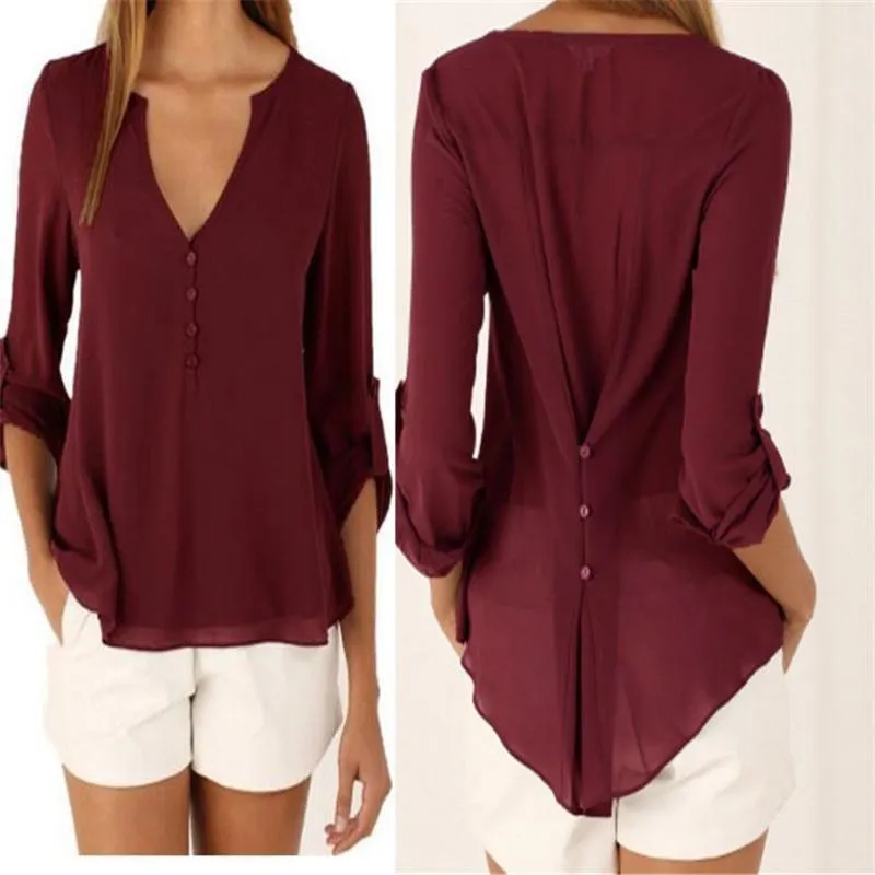 V Neck Chiffon Blouse - Long Sleeve with Buttons
