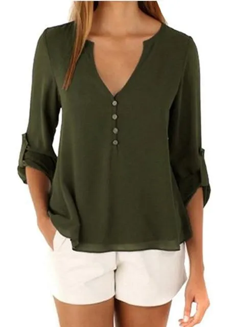 V Neck Chiffon Blouse - Long Sleeve with Buttons