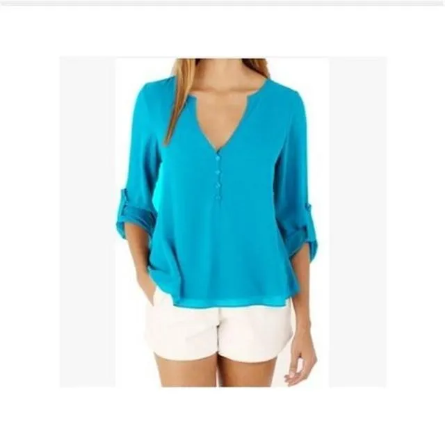 V Neck Chiffon Blouse - Long Sleeve with Buttons