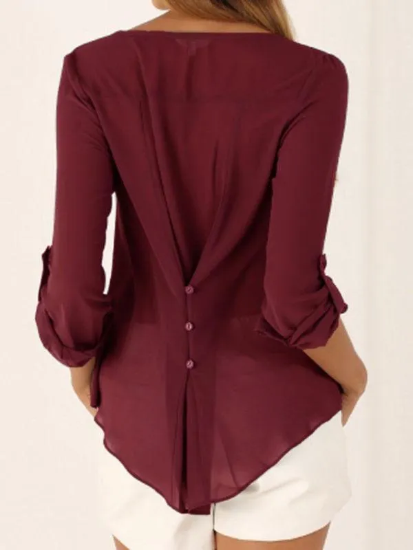 V Neck Chiffon Blouse - Long Sleeve with Buttons