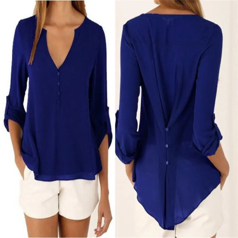 V Neck Chiffon Blouse - Long Sleeve with Buttons