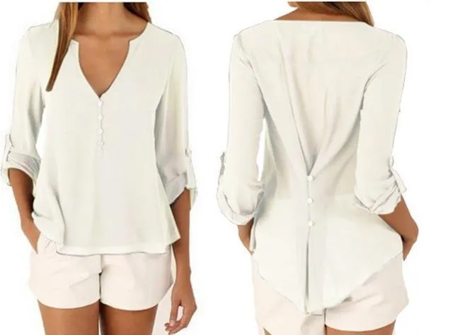 V Neck Chiffon Blouse - Long Sleeve with Buttons