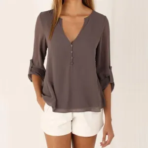 V Neck Chiffon Blouse - Long Sleeve with Buttons