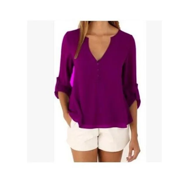 V Neck Chiffon Blouse - Long Sleeve with Buttons