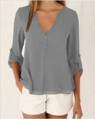 V Neck Chiffon Blouse - Long Sleeve with Buttons