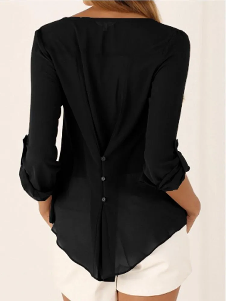 V Neck Chiffon Blouse - Long Sleeve with Buttons