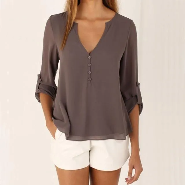 V Neck Chiffon Blouse - Long Sleeve with Buttons