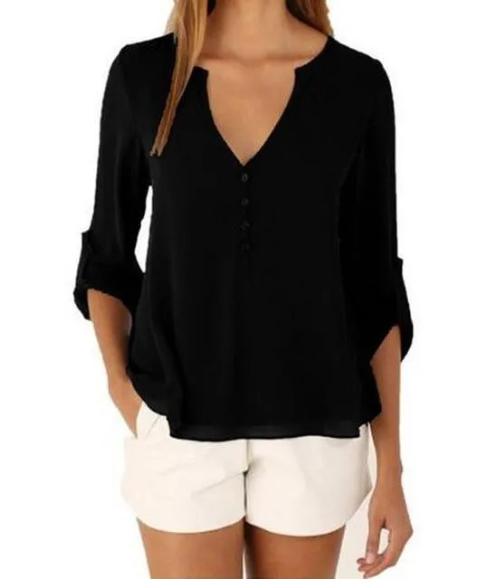 V Neck Chiffon Blouse - Long Sleeve with Buttons
