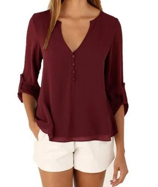 V Neck Chiffon Blouse - Long Sleeve with Buttons
