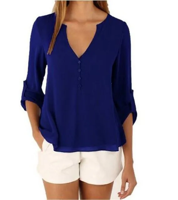 V Neck Chiffon Blouse - Long Sleeve with Buttons