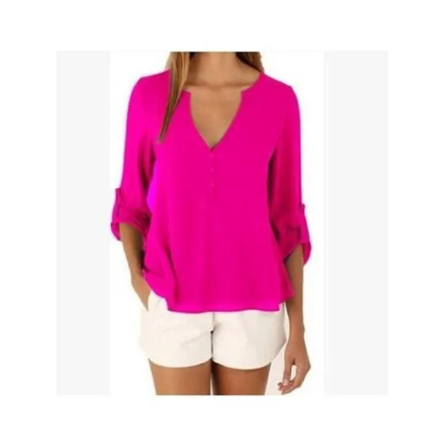 V Neck Chiffon Blouse - Long Sleeve with Buttons