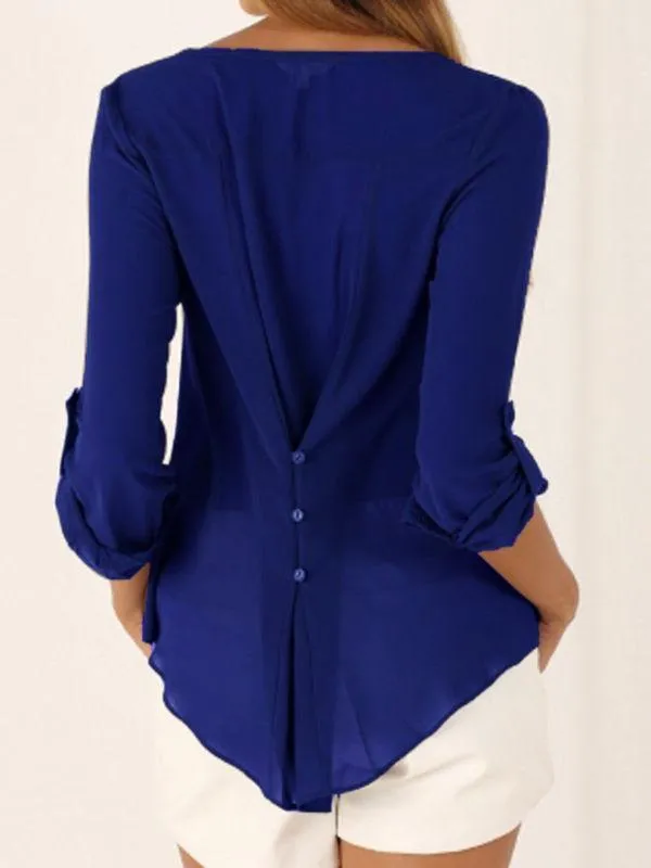 V Neck Chiffon Blouse - Long Sleeve with Buttons