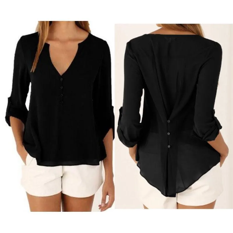 V Neck Chiffon Blouse - Long Sleeve with Buttons